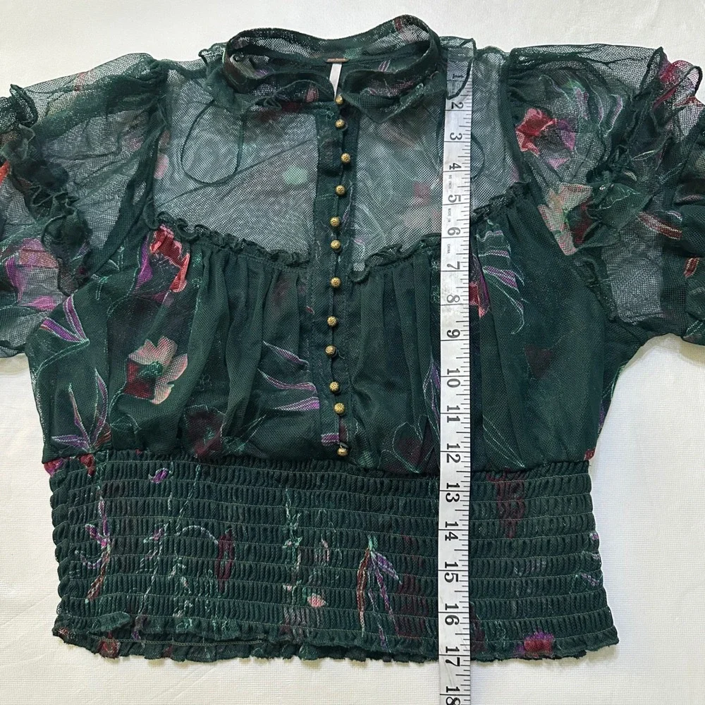 Free People Green Floral Sheer Mesh Smocked Blouse S Whimsigoth Victorian Fairy